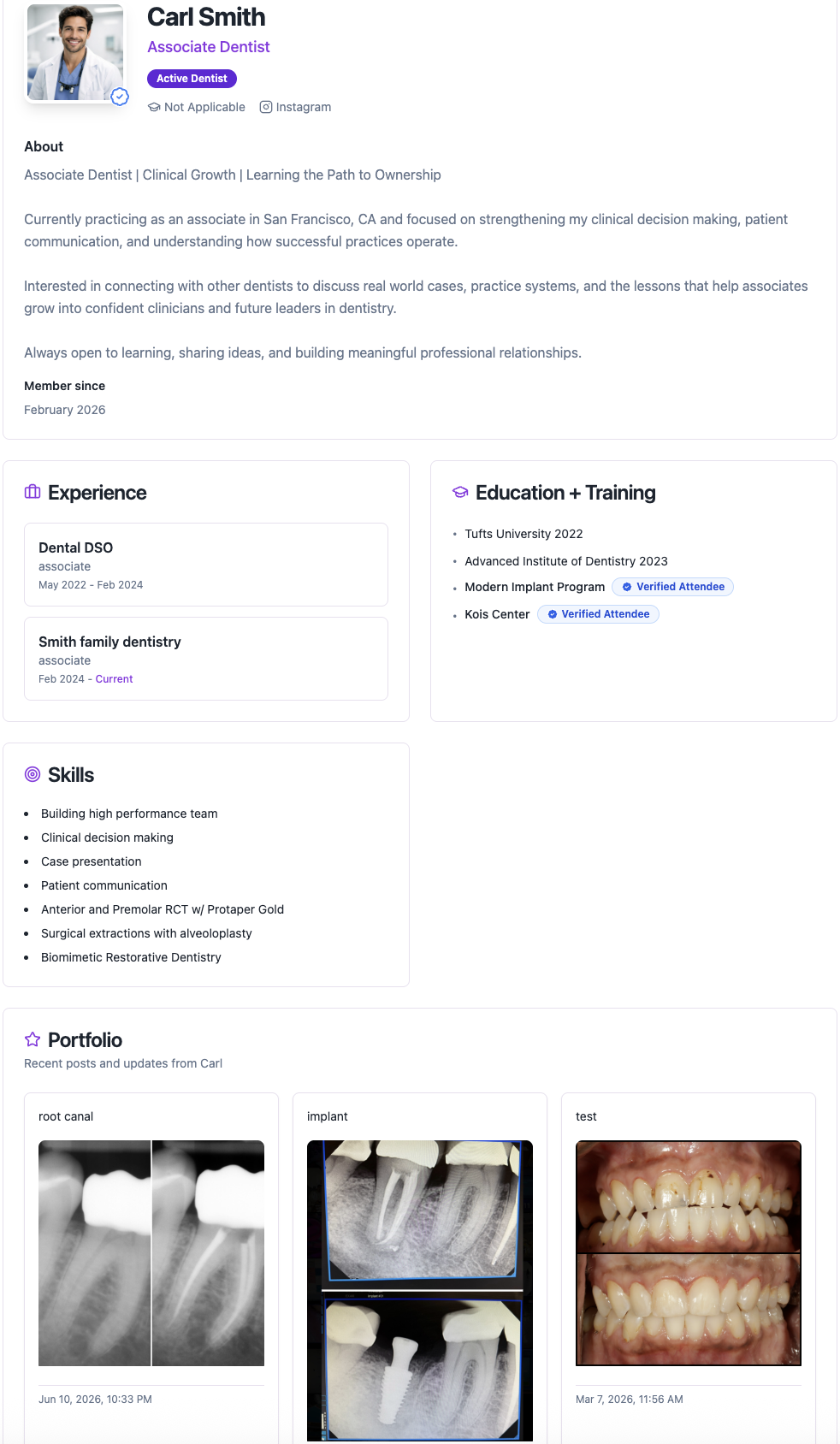 Example Dental CE Atlas profile showing a dentist's about section, experience, education and training, skills, and a portfolio of clinical cases.